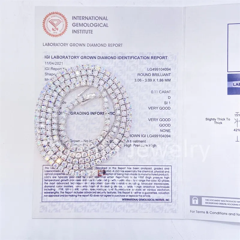 IGI Sertifikat 3Mm Lab Tumbuh Berlian Perhiasan 10K Emas Asli Tenis Pribadi Kalung dan Gelang