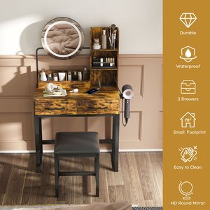 2 Big Drawers Brown <b>Makeup</b> Vanity <b>Table</b> with LED Lights & 3 Color Power Outlet Sturdy Metal Leg & Chair Bedroom <b>Dressing</b> Room - Product Image 4