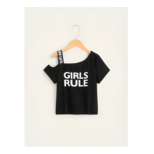 Ventes en gros de hauts noirs pour filles avec motif imprimé, manches courtes, col rond, taille personnalisée, hauts noirs pour filles - Product Image 6