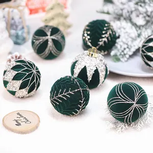 12pcs 8cm Christmas Tree Hanging 0rnaments Green Flocked Flocking Plastic Ball With Glitters Xmas Holiday Decoration