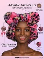 Grand bonnet en peluche imprimé léopard de 35 cm, doublé de satin, pour femme, avec oreilles d'animaux mignonnes en fausse fourrure, protection capillaire et nœud