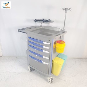 Chariot d'urgence professionnel pour hôpital, salle d'urgence et soins intensifs, chariot infirmier en ABS avec 5 tiroirs, support pour perfusion et étagère pour défibrillateur - Product Image 1