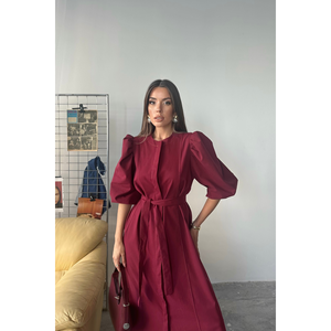 Robe Tencel à manches courtes motif pastèque - Bordeaux, élégante, en tissu mélangé de haute qualité avec élasthanne, coupe Empire, couleur unie, taille XL, pour femme de bureau et soirée - Product Image 4