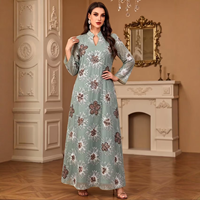 Abaya pour femmes musulmanes, col en V, élégante, col montant, broderie florale à sequins et perles, manches évasées, robe longue en polyester pour soirée