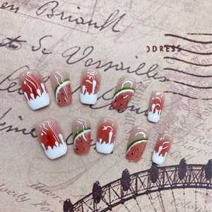 <span class=keywords><strong>Uñas</strong></span> Postizas Cortas Pintadas a Mano con Diseño de Sandía Dulce, Verano, Piel Clara, <span class=keywords><strong>para</strong></span> Estudiantes - Product Image 2