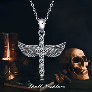 Fine Jewelry Vintage Silver 925 Sterling Silver Angel Wings Cross Skull Necklace Polished Pendant For Men