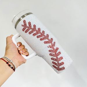 Taza de café de viaje de acero inoxidable con aislamiento al vacío de 40 oz, con asa y pajita, con estampado integral de béisbol y adornos de diamantes de imitación - Product Image 4