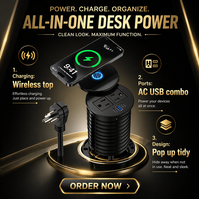 LEGA Black ABS 3 Inch Desk Power Grommet Wireless Charger 20W USB-C Fast Charging 2 AC Outlets Flush-Mount Recessed Power Strip