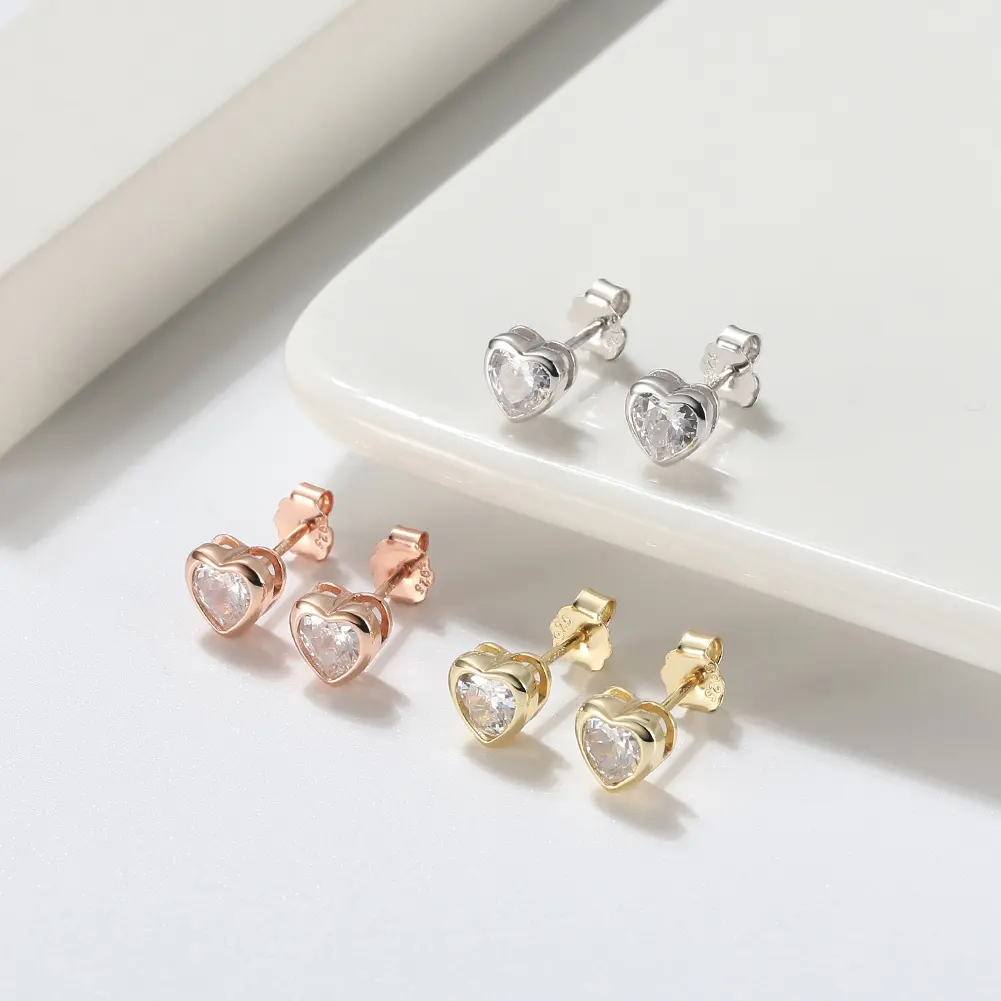 RINNTIN APE44 Fine Jewelry 925 Sterling Silver 14K Gold Plated Heart Cut Cubic Zirconia Stud Earrings For Women
