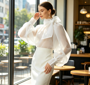 Ensemble 2 pièces pour femmes grandes tailles, chemisier transparent à manches bouffantes avec nœud, <span class=keywords><strong>jupe</strong></span> <span class=keywords><strong>crayon</strong></span> mi-longue, tenue de soirée élégante pour femmes - Product Image 2