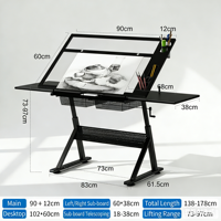 Bureau d'atelier réglable en hauteur avec éclairage pour dessin, conception graphique et informatique, en verre noir