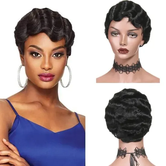 Hot Sale Retro Water Finger Wave Black Women Short Bob Human Hair Wigs For Cosplay Party