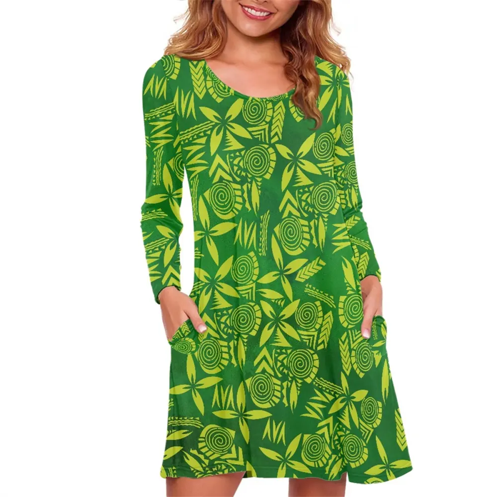 Polynesian Tribal Fabric Green Tapa Tattoo Design Dresses For Women Autumn Custom Long Sleeve Sublimation Print Elegant Dresses