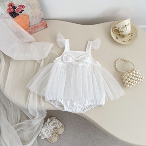 Combinaison en tulle à manches bouffantes blanches avec nœud pour bébé fille, robe de princesse d'été - Product Image 1