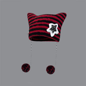 Chapeau d'hiver en tricot fait main pour femmes, à rayures, <span class=keywords><strong>avec</strong></span> oreilles de chat, extensible, doux, ample, chaud, <span class=keywords><strong>avec</strong></span> <span class=keywords><strong>pompon</strong></span> - Product Image 3