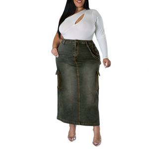 Jupe midi décontractée en jean délavé à fente décorative et bretelles pour femme grande taille, vente directe usine transfrontalière - Product Image 5