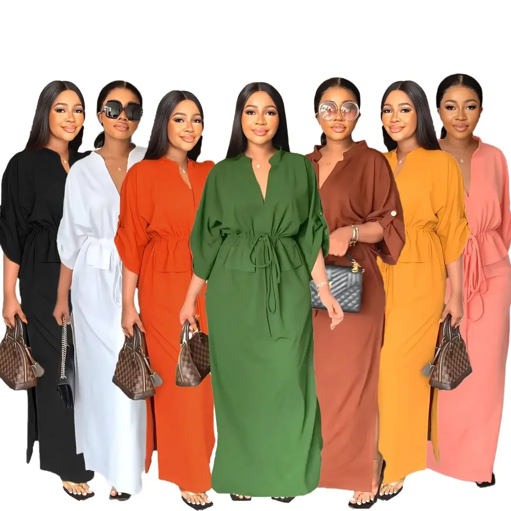 Wholesale Womens Fall Clothing 2022 Fashion Slit Long Dresses Women Lady Elegant Drawstring Long Sleeve Dress