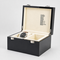 Boîte à montres en bois MDF de luxe sur mesure, 2 emplacements, avec laque haute brillance et serrure, boîte de rangement pour montres doublée de suède de luxe, fabricant