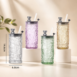 <b>Large</b> Capacity American Style Diamond Pattern Glass <b>Mug</b> Straw Cap-Thickened Wall Microwave Safe Office Travel Use Dishwasher - Product Image 2