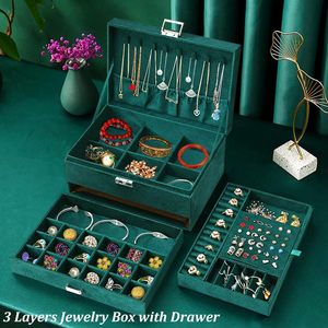Caja Organizadora de Joyas Ecológica de Terciopelo Verde de 3 Capas con Logotipo Personalizado y Cerradura con Llave, Estuche de Almacenamiento de Joyas para Mujer, Anillos, Collares - Product Image 2