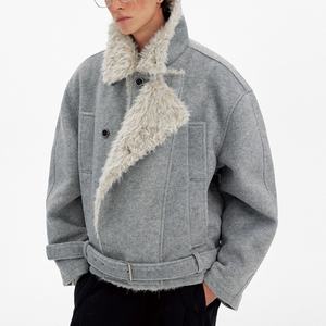 Abrigo de algodón de doble botonadura de alta calidad con cuello de piel para hombre, abrigo cálido informal de mezcla de lana para invierno, venta al por mayor - Product Image 3