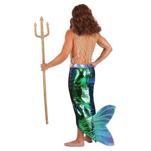 Pakaian karnaval pria desain Fashion 2024 gaun pertunjukan putri duyung hijau berpayet Halloween kostum Cosplay Merman dewasa