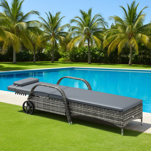 Tumbona de exterior de ratán gris con ruedas, cojín, reposacabezas y respaldo ajustable para piscina - Product Image 2