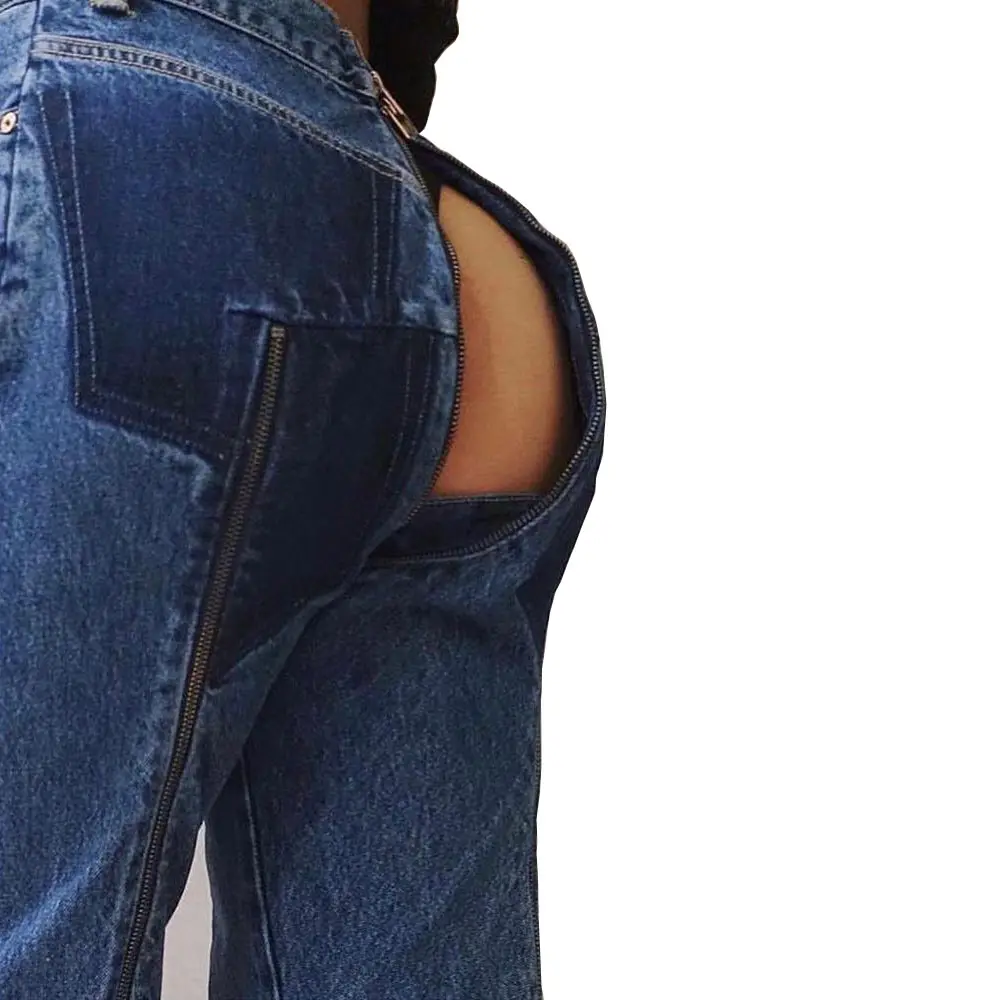 Royal wolf denim gabelung zipper jeans fabrik frauen trend vorne nach hinten zipper jeans hosen öffnen gabelung jeans