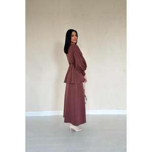 Elegante Conjunto de Traje Marrón para Mujer, Vestido Largo de Gasa con Mangas Largas, 100% Poliéster, Ropa Formal - Product Image 1