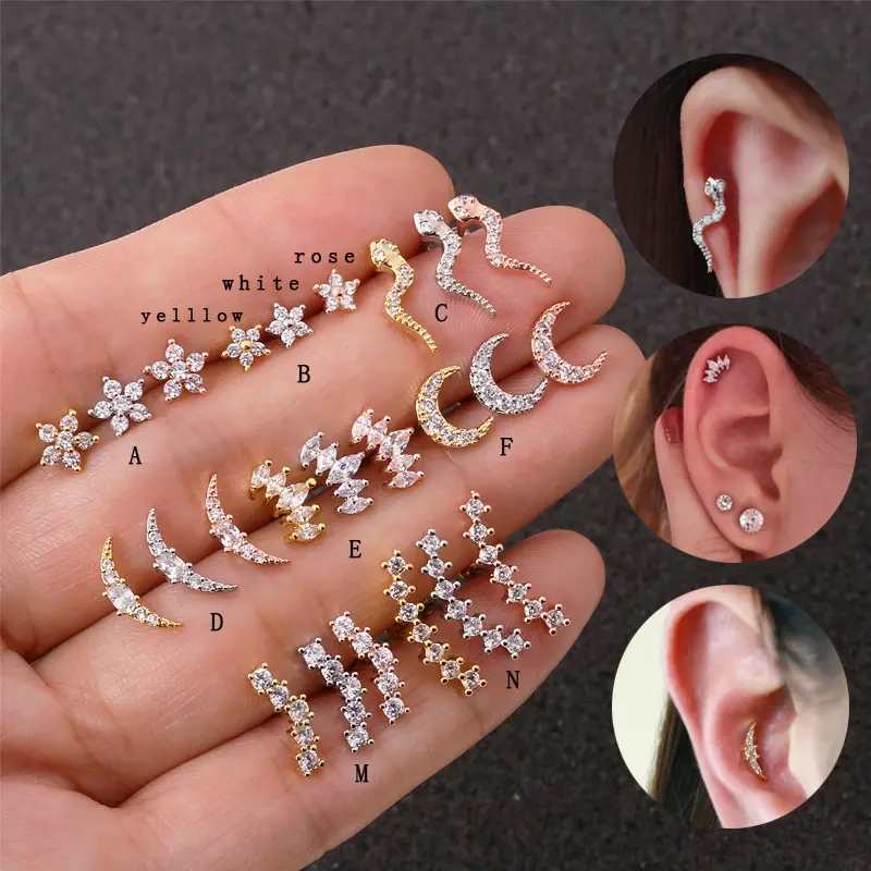 Piercing de oreja en forma de barra de acero inoxidable, pendientes Piercing en 3 colores variados, plata, oro rosa, flor, corona, Tragus, Daith