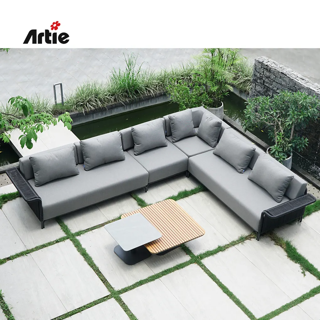 Furnitur aluminium luar ruangan, Sofa PE anyaman rotan, teras bagian Sofa taman santai bentuk L