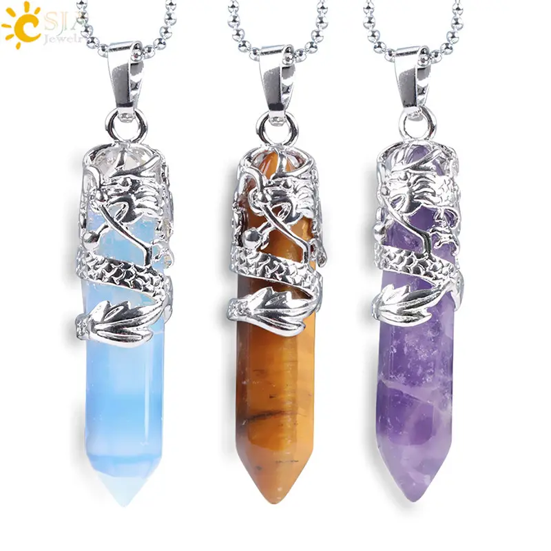Tribal Totem Dragon Shaped Natural Stone Pendant Necklace Hexagon Aura Bullet Crystal Column Jewelry Couple Style