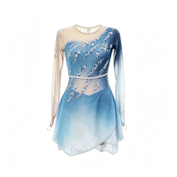 Robe de patinage artistique bleu et blanc dégradé, dos évidé, manches longues en maille, jupe ornée de strass pour enfants et adultes, compétition et performance