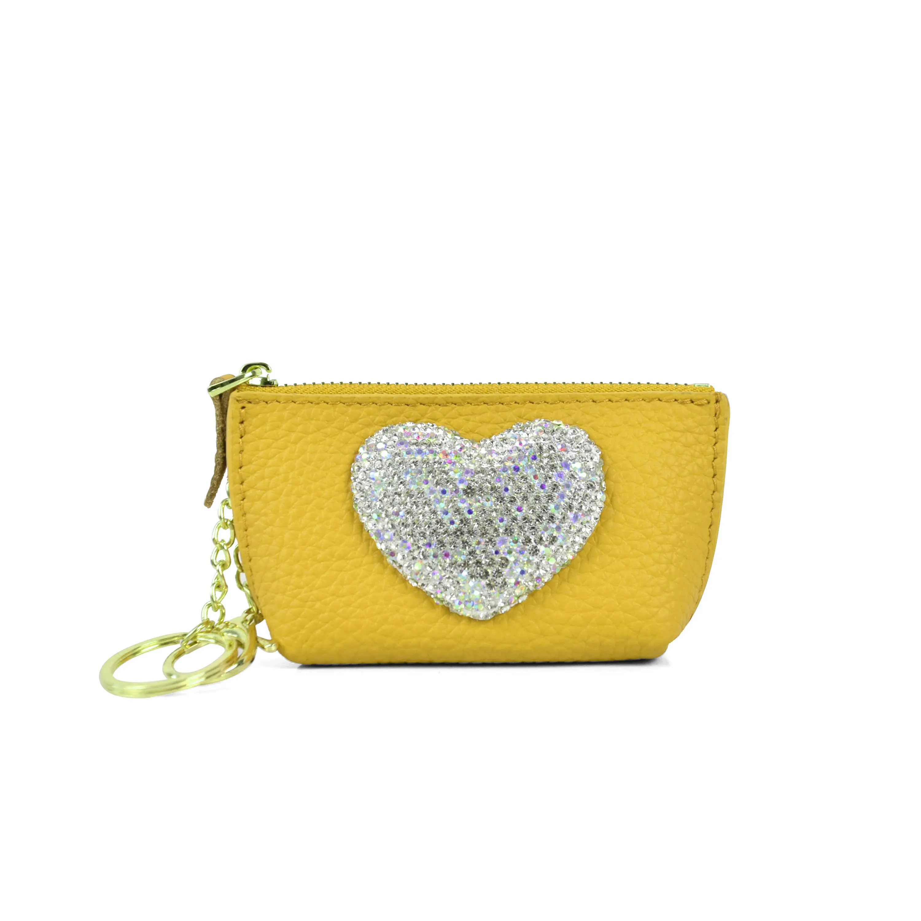 Lady Genuine Lychee Leather Heart Diamond Coin Purse Women Fashionable Travel Pouch Portable Girl small Wallet Keychain Bags