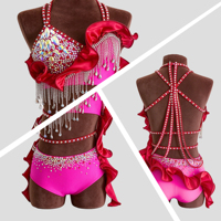 Costume de danse jazz lyrique personnalisé, fuchsia, à volants, avec strass et franges, tenue de compétition pour filles et femmes, vêtements de scène
