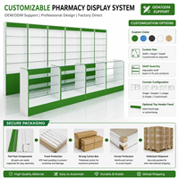 Vitrine de pharmacie avec écran LED, étagères à niveaux robustes, corps principal blanc + accents turquoise, comptoir en verre, 6 sections