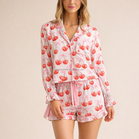 Ensemble de pyjama mignon à imprimé floral cerise pour femme, manches courtes, col à volants, short avec nœud papillon, vêtements de nuit d'été, vêtements de détente