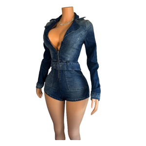 Viviblook Z529RP01 filles barboteuse moulante 2025 nouvelles femmes fermeture éclair couleur unie épissage élastique Denim à lacets une pièce barboteuse - Product Image 5