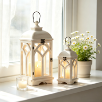 Ensemble de lanternes décoratives en métal blanc rustique et en verre pour la décoration de table de mariage ou de maison de style farmhouse