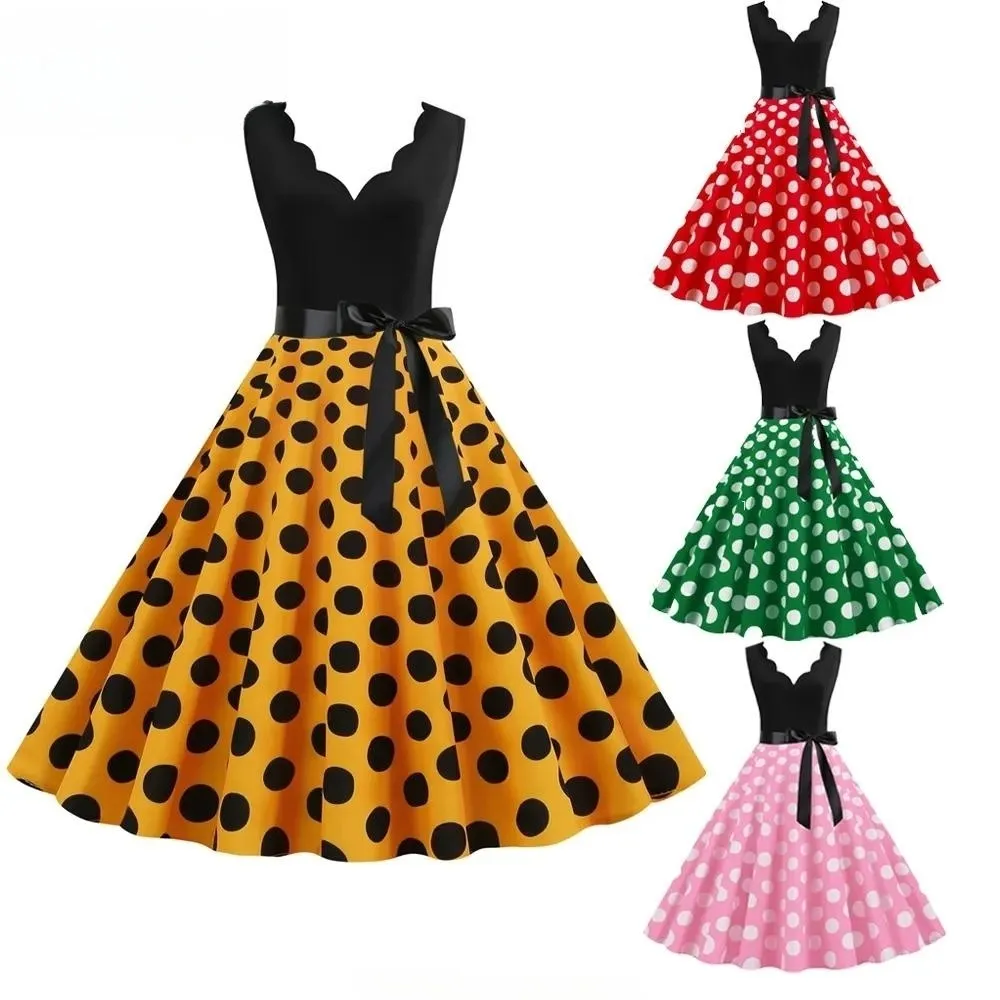 Ecowalson kadınlar Retro yaz elbiseler 2023 Robe Vintage 50 50s 60s rock seksi v yaka Polka Dot baskı parti elbise Vestido