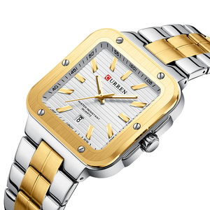 Montre à quartz pour homme en acier inoxydable et alliage, cadran carré, étanche 3 ATM, sport, mode, affaires, calendrier, aiguilles lumineuses - Product Image 1