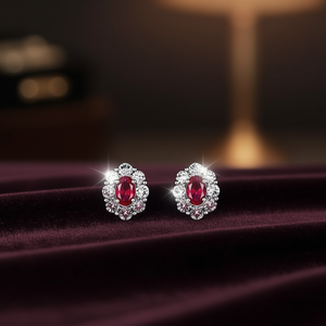 Orecchini a perno rossi E3037 da donna, classici a forma di fiore con montatura a griffe, diamante rotondo taglio brillante, pietra principale rossa, gioielli raffinati - Product Image 2