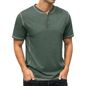 Camiseta de Manga Corta Informal de Algodón 100% Tejido, Estilo Henley con Costuras en Contraste, Cuello Redondo, Logotipo Personalizado, Proveedor Chino - Product Image 2