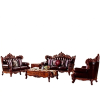 Juego de Sofás de Cuero Genuino Estilo Europeo, Estructura de Madera Maciza, Diseño Tallado a Doble Cara, Moderno y de Lujo Ligero, Sillón Reclinable para Sala de Estar