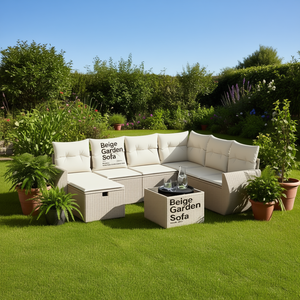 Conjunto de Sofás de Jardín Beige de 6 Plazas, Muebles de Ratán para Exteriores con Almacenamiento, Diseño Contemporáneo - Product Image 2