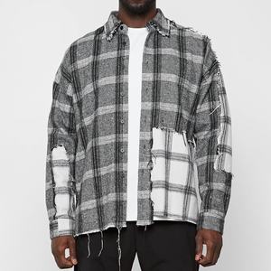 เสื้อเชิ้ตผ้าแฟลนเนลผู้ชายสั่งทำขายส่ง ลายตารางสีเทาผสมสี  แบบดิสเทรส - Product Image 2