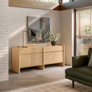 Buffet moderne Japandi en chêne <span class=keywords><strong>naturel</strong></span> avec <span class=keywords><strong>panneaux</strong></span> latéraux arrondis, armoire minimaliste à 4 portes, meuble de salle à manger, armoire de cuisine, table - Product Image 2