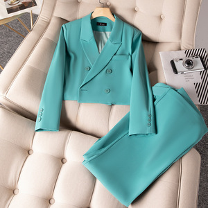 Conjunto de Traje Formal de Dos Piezas para <span class=keywords><strong>Mujer</strong></span>, Estilo <span class=keywords><strong>Casual</strong></span> de <span class=keywords><strong>Oficina</strong></span>, con Botones, Pantalones y Blazer Corto, Personalizado con Logotipo o Estilo de Fábrica, ODM - Product Image 1