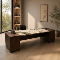 Table à manger en marbre Pandora, table centrale rectangulaire moderne en pierre avec base en bois foncé pour salon, hôtel, villa