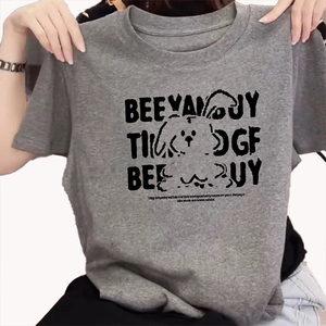 Camiseta de Manga Corta de Algodón Puro de Alta Gama con Hombros Regulares para Mujer, Diseño Personalizable, Moda de Verano, Favorecedora, Color Gris - Product Image 5